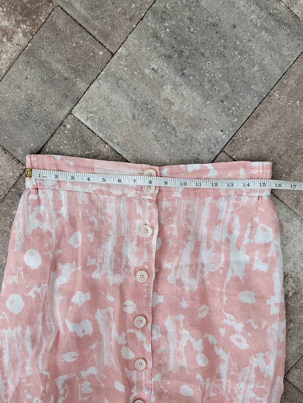 120% Lino Flax Linen Midi Skirt Sz L Has Pockets Elastic Waist Abstract Floral - Picture 10 of 12